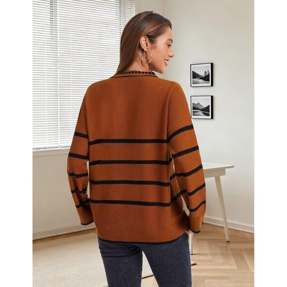 Women’s  Caramel Fall Polo Sweater Striped V Neck Long Sleeve Pullover - Picture 2 of 6